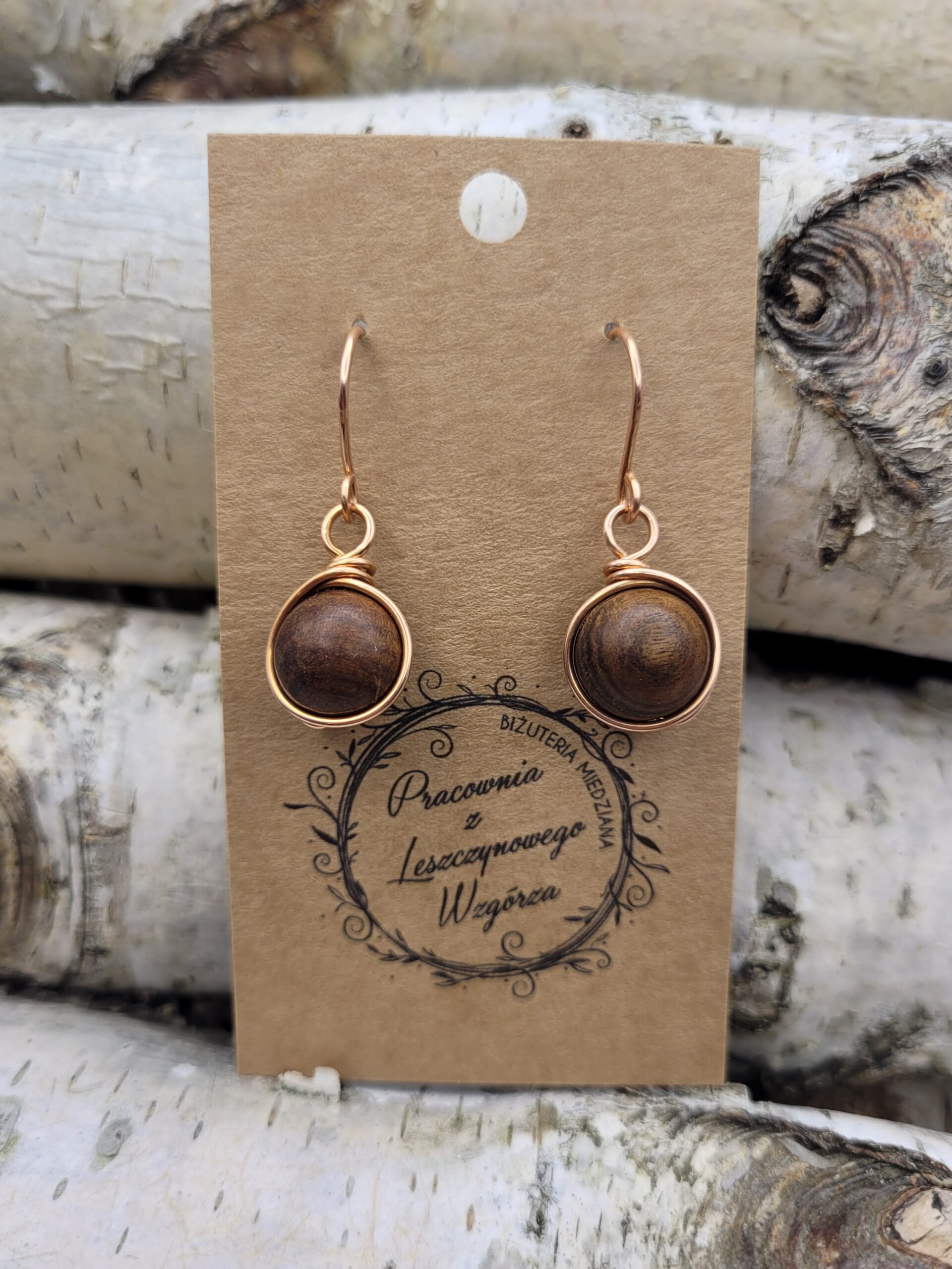 Kolczyki miedziane drewno sandałowe 12mm