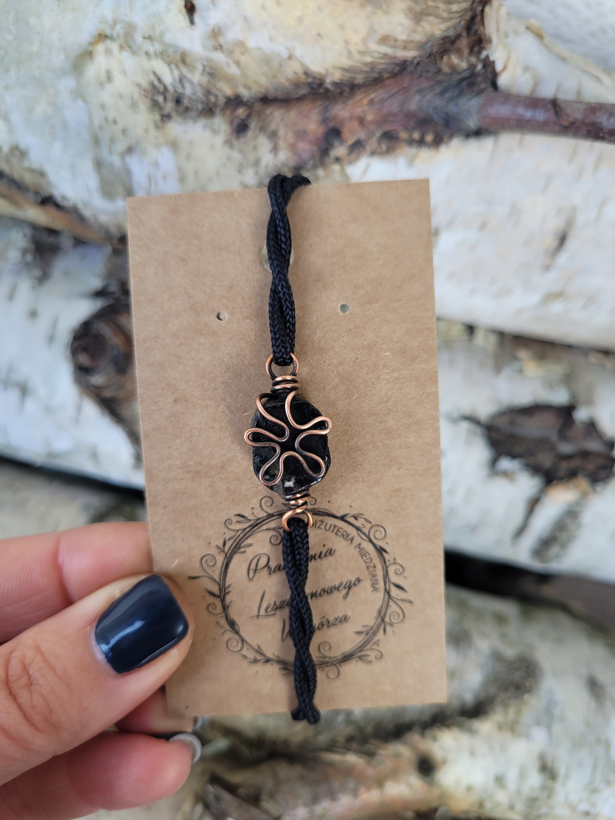 Bransoletka miedziana turmalin czarna kwiatek - obrazek 5