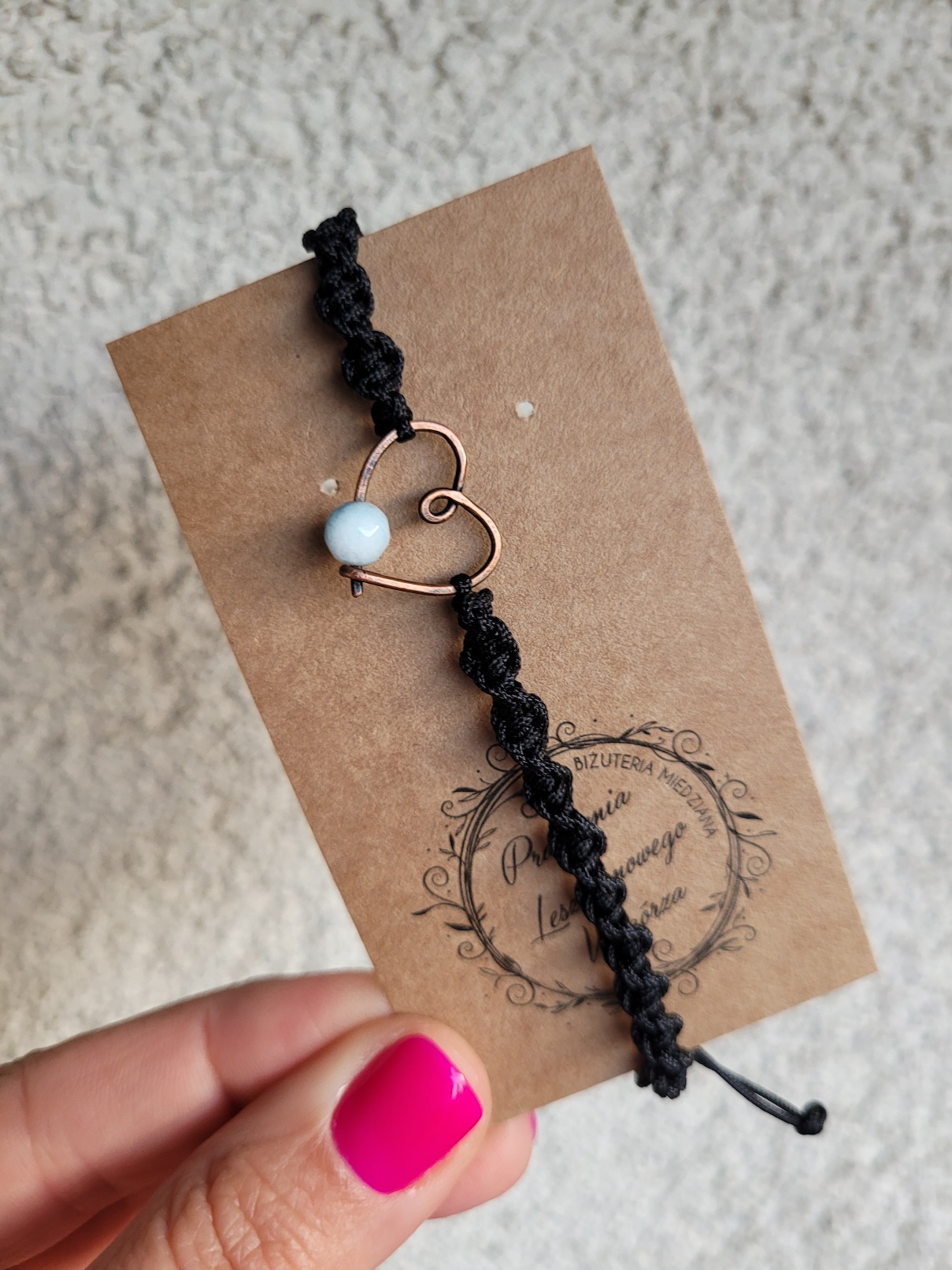 Bransoletka miedziana czarna spirala serce I