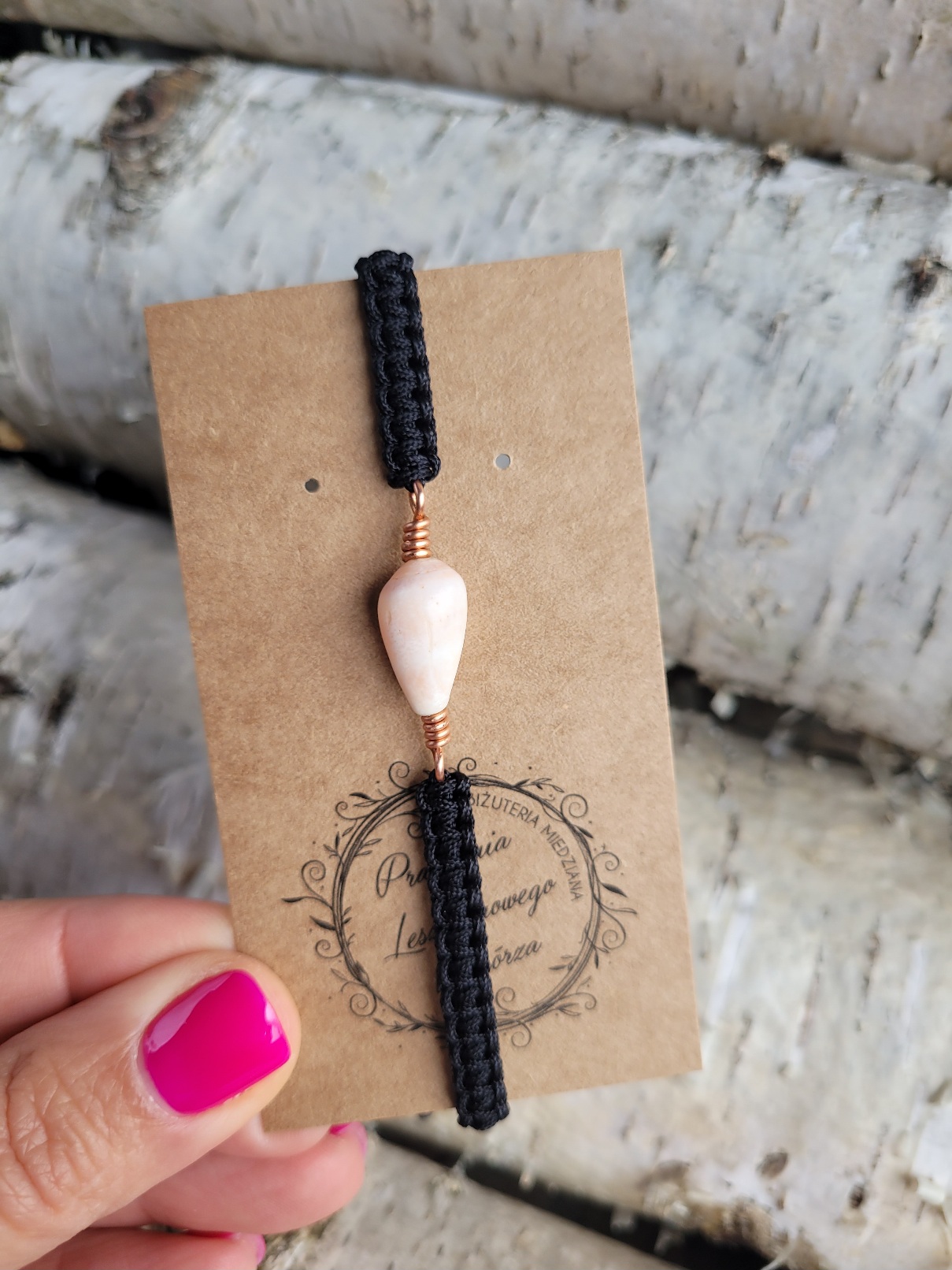 Bransoletka miedziana czarna pleciona muszelka - obrazek 2