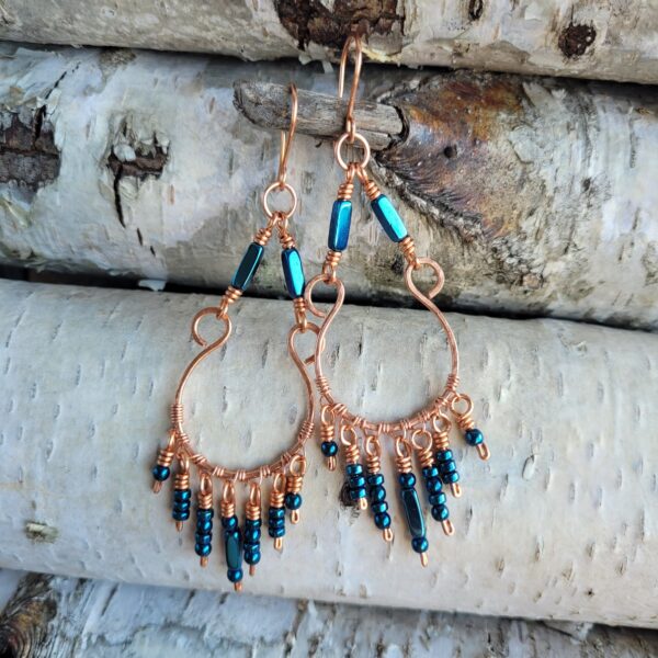 Kolczyki miedziane wiszące hematyty granatowe