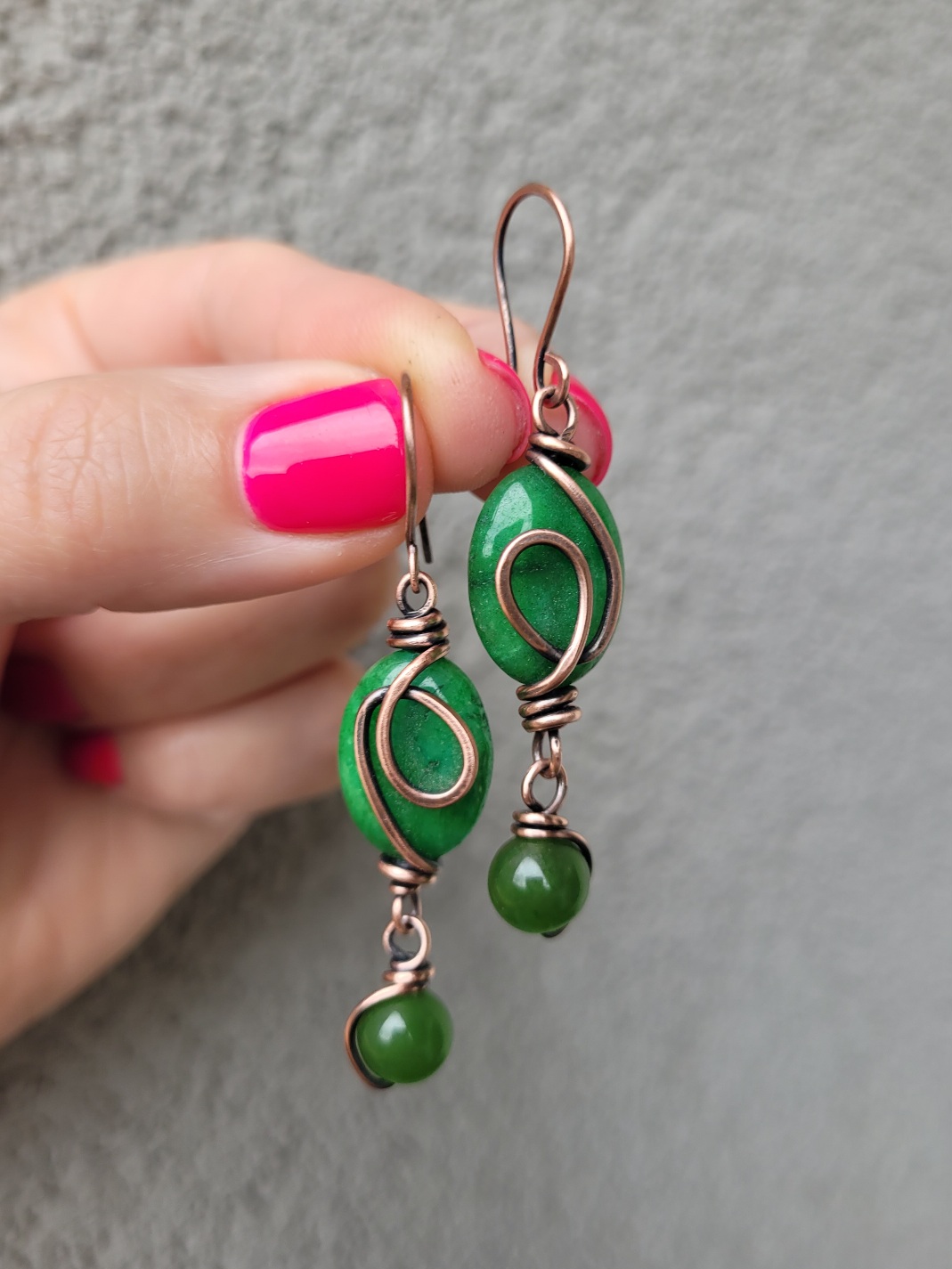Kolczyki miedziane jadeit zielony - obrazek 2