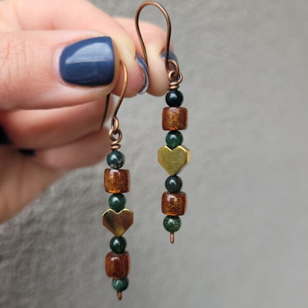 Kolczyki miedziane koral hematyt agat mszysty