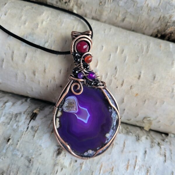 Wisior miedziany plaster agatu fioletowy