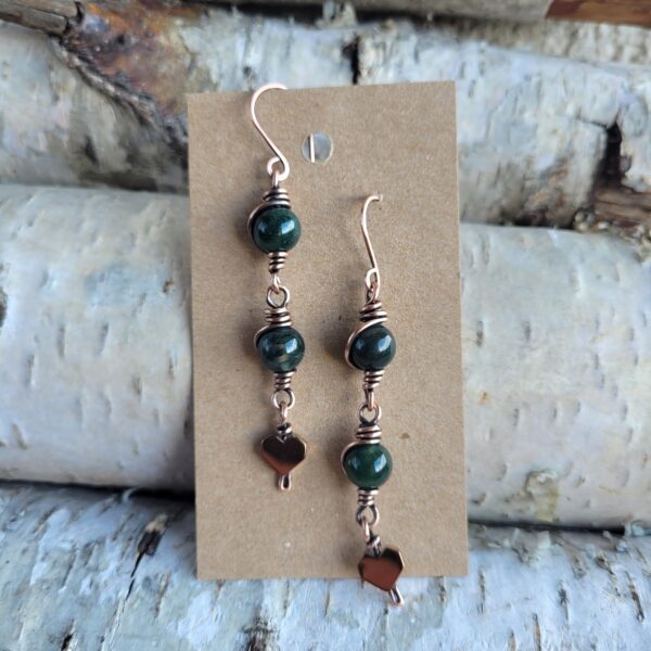 Kolczyki miedziane agat mszysty serduszko