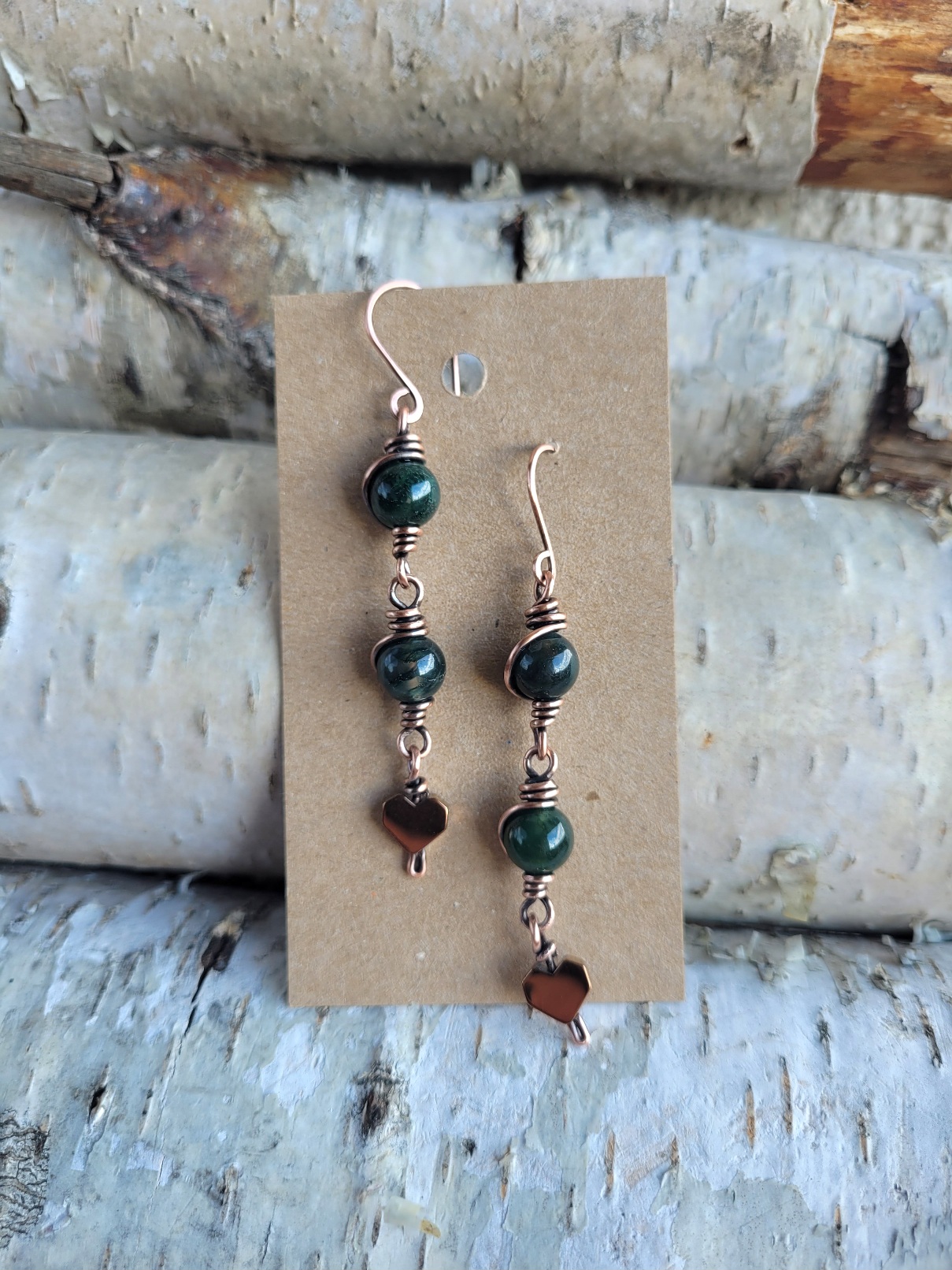 Kolczyki miedziane agat mszysty serduszko