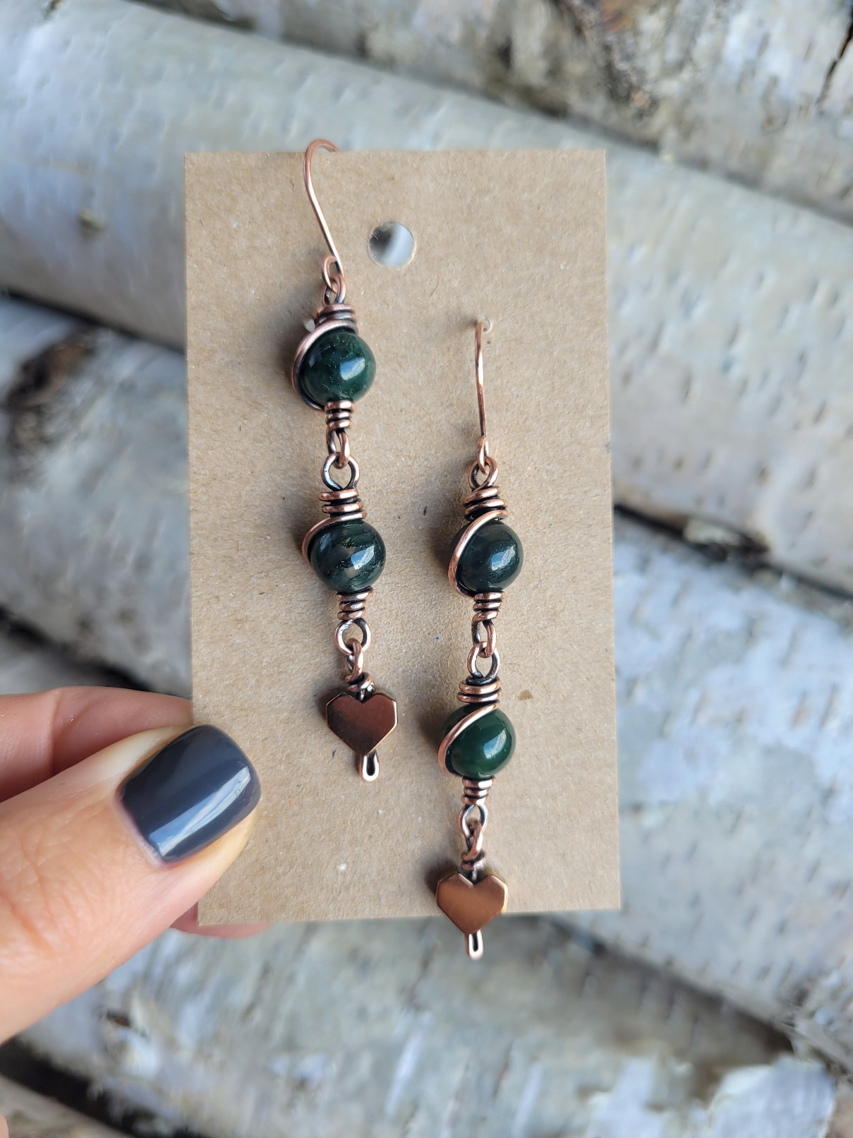 Kolczyki miedziane agat mszysty serduszko - obrazek 3