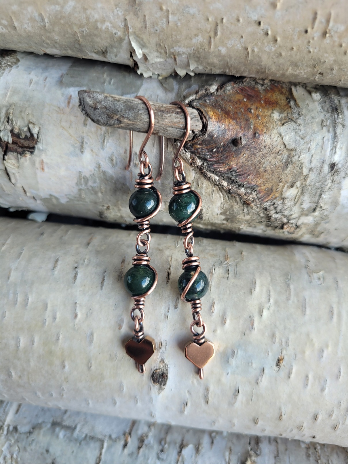 Kolczyki miedziane agat mszysty serduszko - obrazek 4