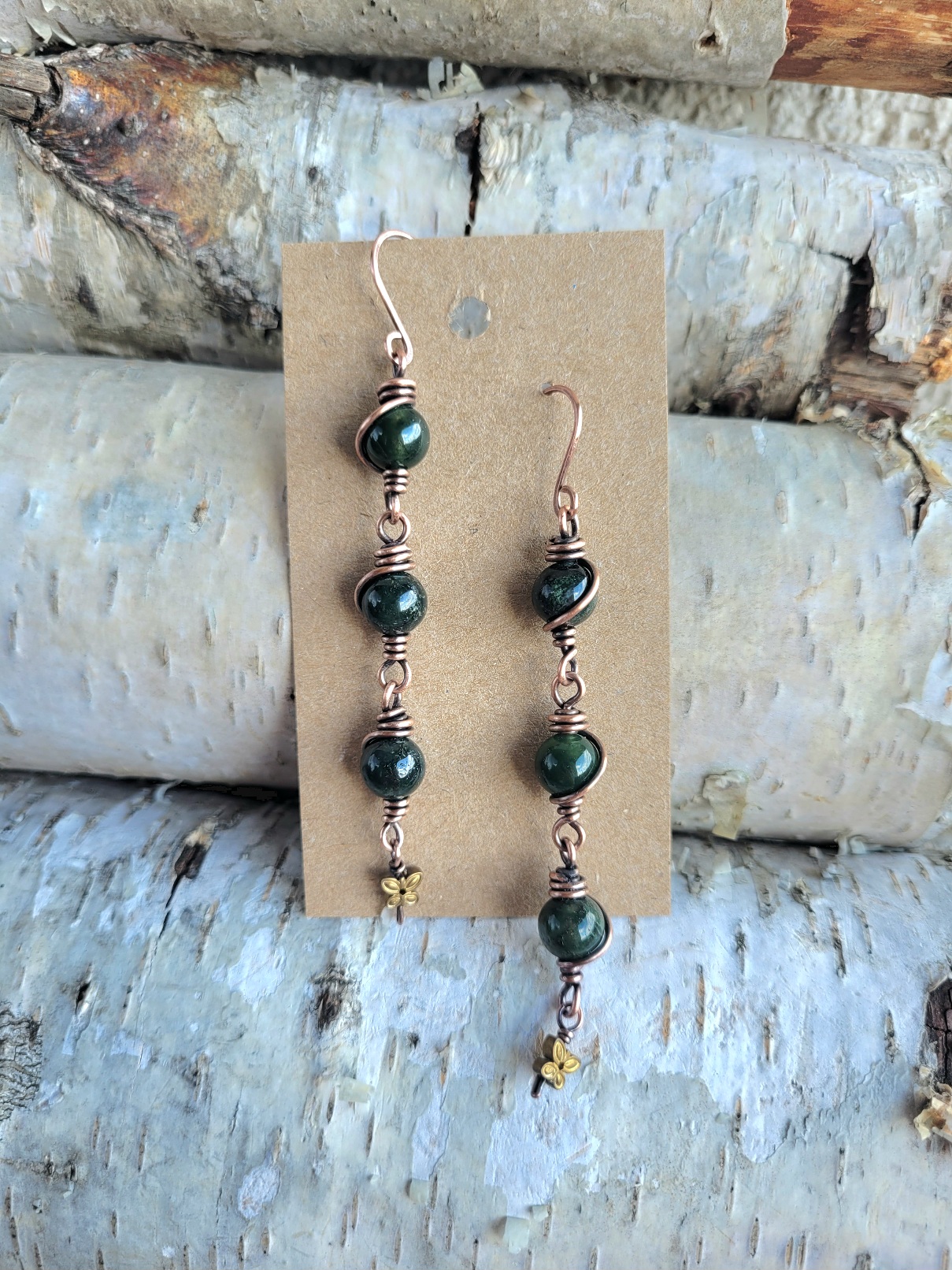 Kolczyki miedziane agat mszysty motylek