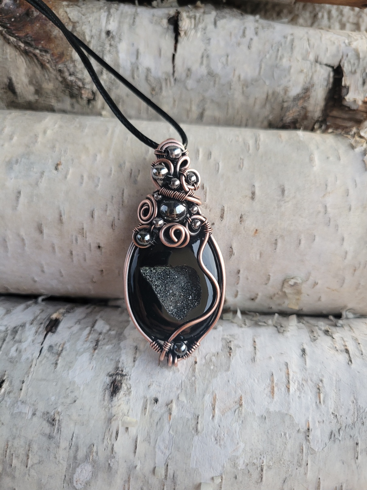 Wisior miedziany onyks owalny z druzą - obrazek 2