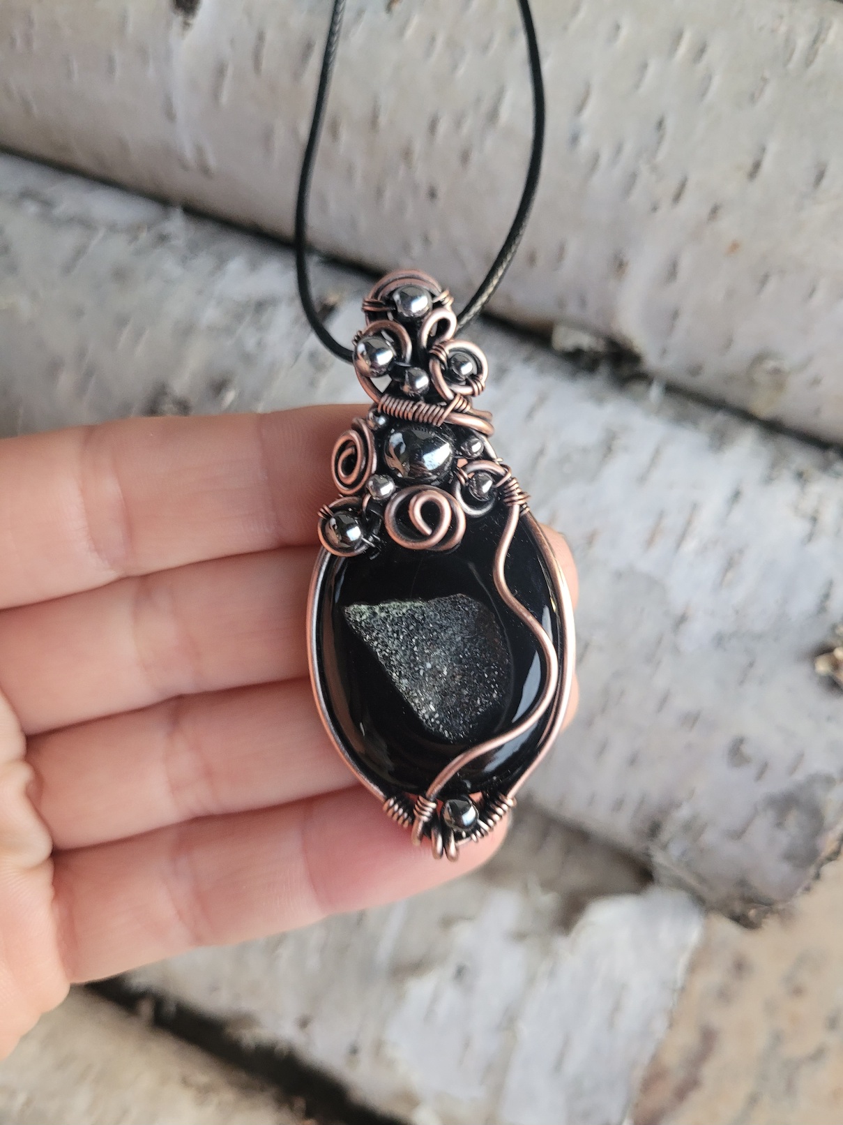 Wisior miedziany onyks owalny z druzą - obrazek 3