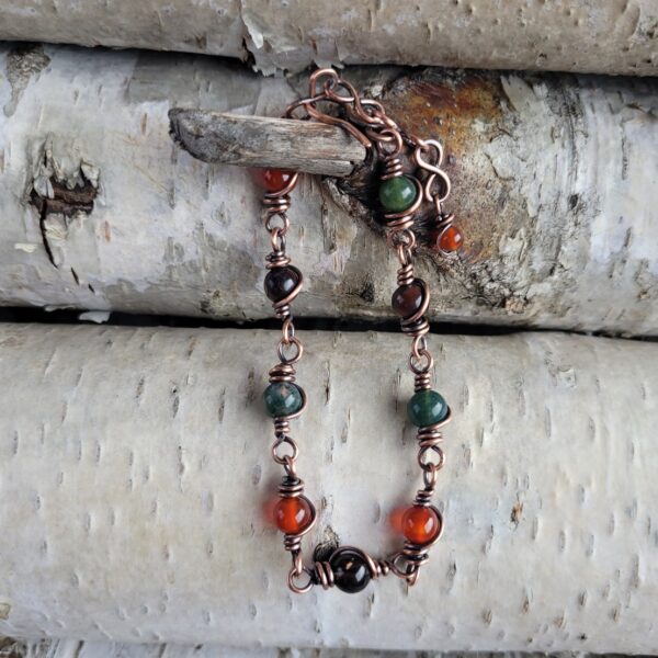 Bransoletka miedziana karneol agat mszysty