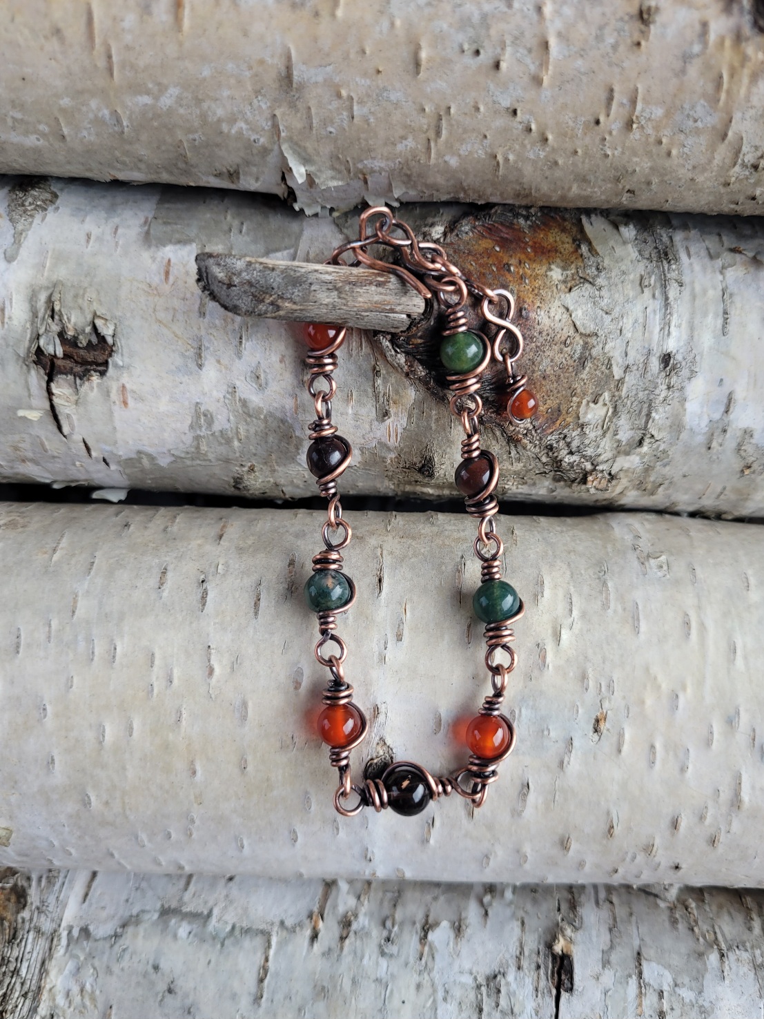 Bransoletka miedziana karneol agat mszysty