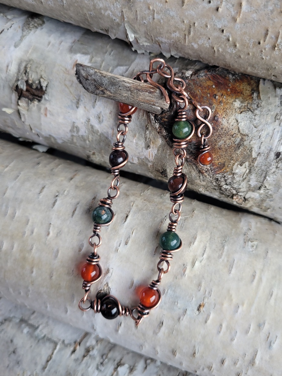 Bransoletka miedziana karneol agat mszysty - obrazek 3