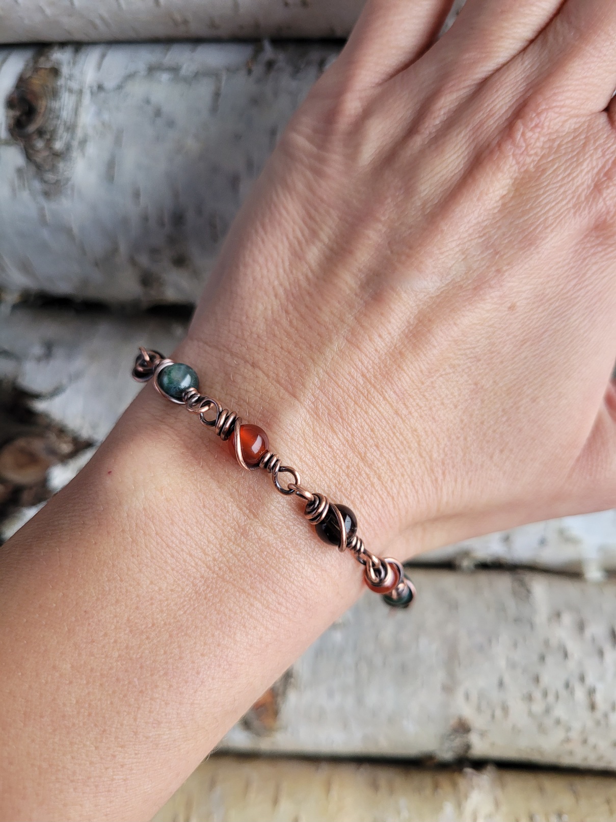 Bransoletka miedziana karneol agat mszysty - obrazek 6