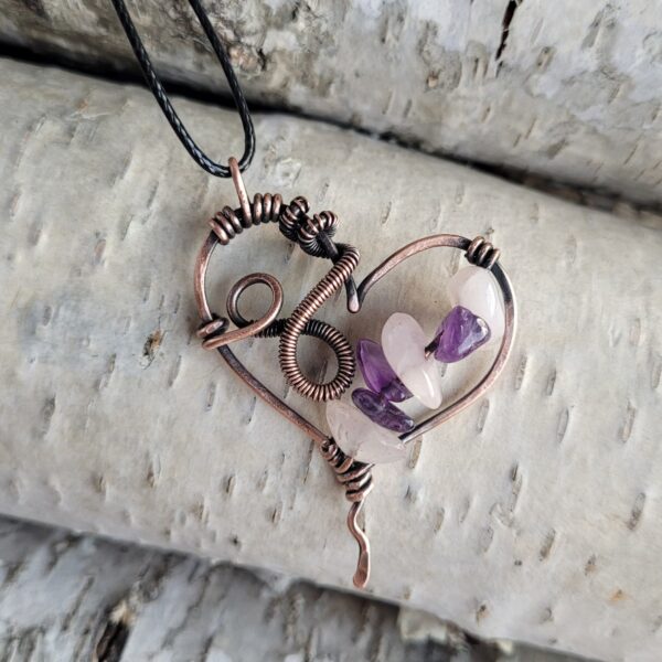 Wisior miedziany serce ametyst kwarc różowy